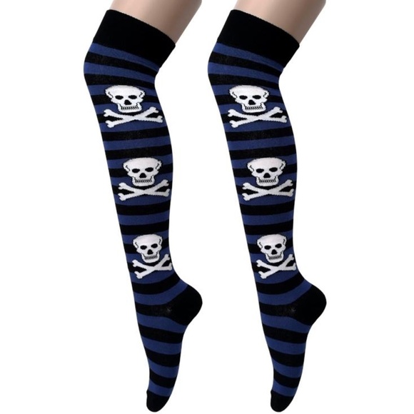 Machahel Accessories - Sexy Blue & Black Pirate Skull & Stripes Macahel Over The Knee Socks NEW